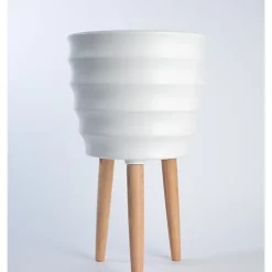 Hide+seek SUPPLY CO Winston Ceramic Planter w/beech wood legs-matte white -As U Wish Sales Belk 1071