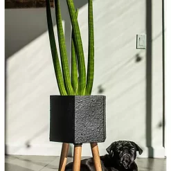 Hide+seek SUPPLY CO Paul Ceramic Planter w/beech wood legs-textured black -As U Wish Sales Belk 1079