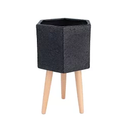 Hide+seek SUPPLY CO Paul Ceramic Planter w/beech wood legs-textured black -As U Wish Sales Belk 1082