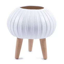 Hide+seek SUPPLY CO Bloom Ceramic Planter w/beech wood legs-textured cream