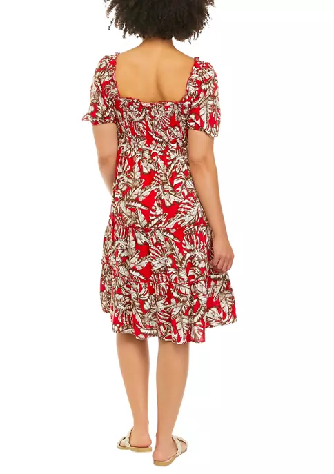 As U Wish Juniors' Puff Sleeve Tropical Print Midi Dress 4 As U Wish Juniors' Puff Sleeve Tropical Print Midi Dress - Image 2