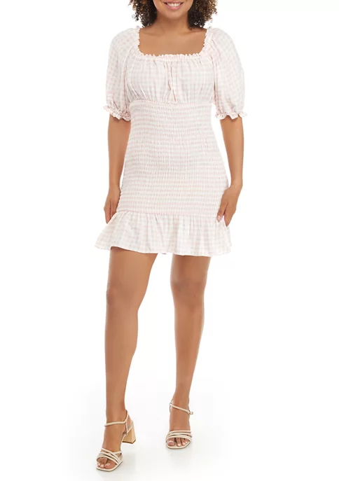 As U Wish Juniors' Puff Sleeve Checkered Smocked Dress 3 As U Wish Juniors' Puff Sleeve Checkered Smocked Dress