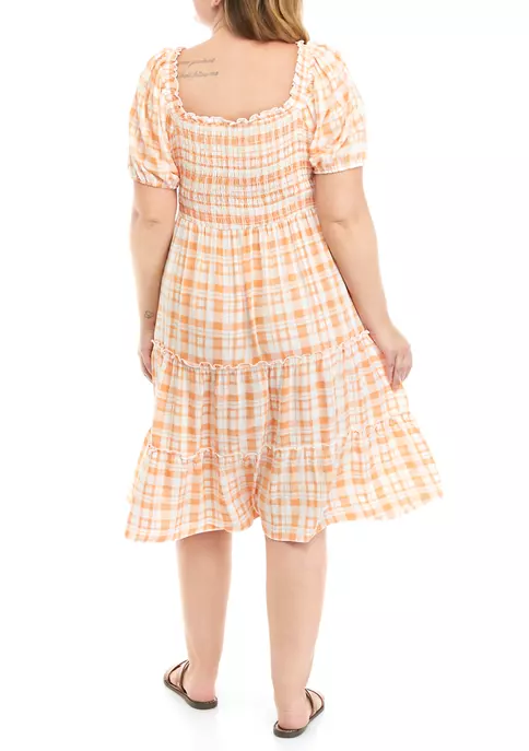 As U Wish Plus Size Short Puff Sleeve Smocked Plaid Midi Dress 4 As U Wish Plus Size Short Puff Sleeve Smocked Plaid Midi Dress - Image 2
