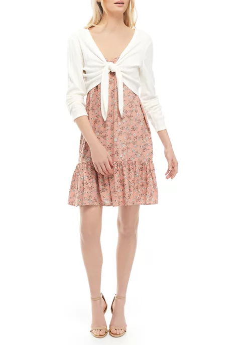 As U Wish Juniors' Sleeveless Floral Print Dress with Tie Front Cardigan 3 As U Wish Juniors' Sleeveless Floral Print Dress with Tie Front Cardigan