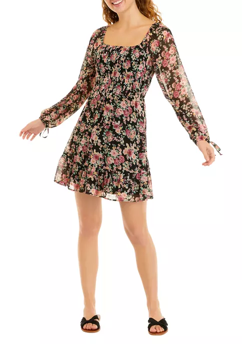 As U Wish Juniors' Long Sleeve Smocked Tie Sleeve Dress 6 As U Wish Juniors' Long Sleeve Smocked Tie Sleeve Dress - Image 4